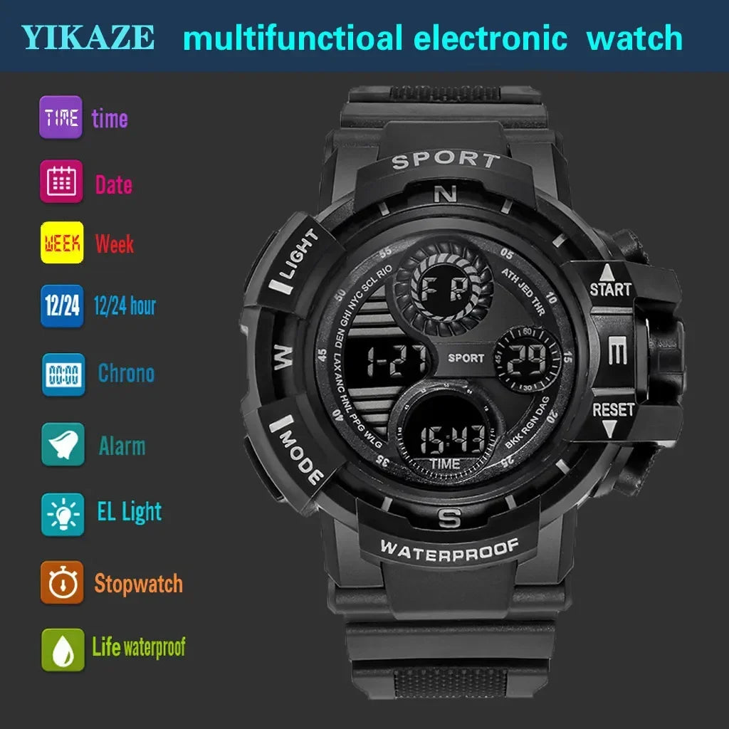 YIKAZE Men's Military Digital Watch Outdoor Men Sports Watch Waterproof Luminous Chronograph Clock Student Electronic Wristwatch