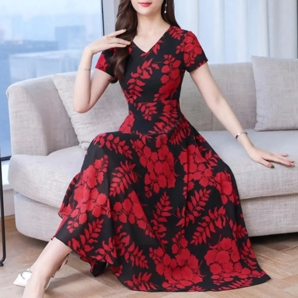 Summer Women Short Sleeve Fashion Elegant Tight Dress Lady Floral Print Women's Waist Large Swing V-Neck Maxi Women's Clothing