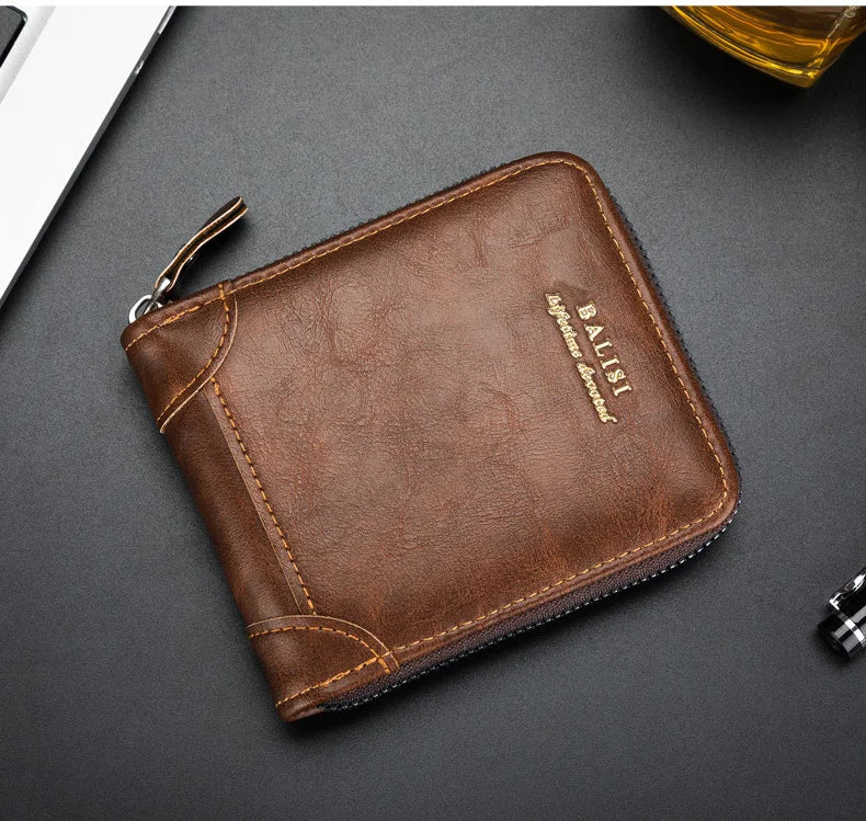 Men's Wallet 2025 New PU Leather Zipper Retro Style Short Wallets Men Card Holders Coin Storage Money Bag A03