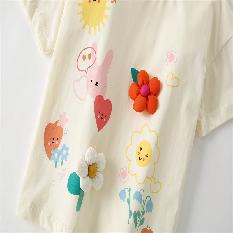 Jumping Meters 3-8T Flowers Kids Tees Hot Selling Cotton Summer Girls Tshirts Baby Clothes Children's Tees Tops