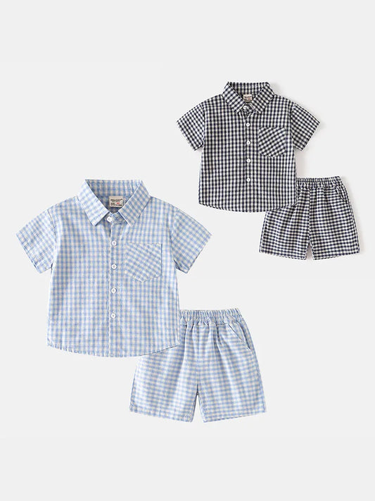 2PCS MILANCEL New Summer Kids Grid Set Turn Down Collar Boys Thin Short Sleeved T-shirt + Short Children Polo Tee Outfit