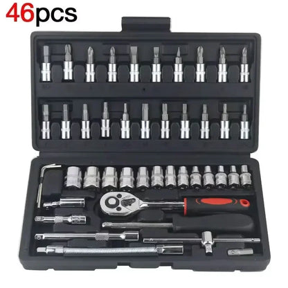 46Pcs Car DIY Repair Tool Kit 1/4-Inch Socket Sets Car Repair Tool Ratchet Torque Wrench Combo Auto Repairing Sets Mechanic Tool