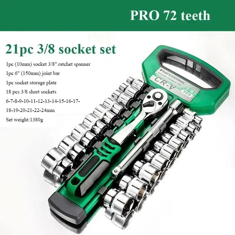 72 Tooth 12/29/21 Piece Ratchet Wrench Socket Set 1/4 "-3/8"Metric Set Automotive Maintenance and Household Tools Set