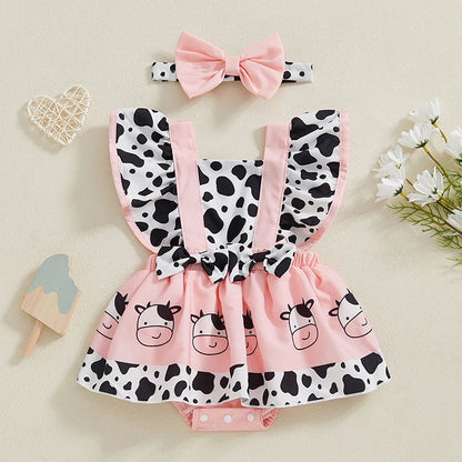 Infant Baby Girl Summer Clothes Ruffle Fly Sleeve Romper Dress Cute Print Playsuits with Headband Summer Outfit