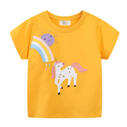 Jumping Meters 2-7T Unicorn Girls T Shirts Summer Children's Clothing Striped Short Sleeve Kids Tees Tops Baby Clothes Shirt