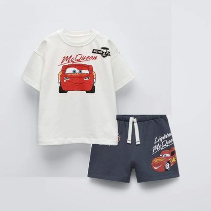 Car Tshirt+Shorts Two Piece Set Summer Clothing Boys Printed Tees Casual Sports Tees Black Shorts Trendy Costume Outer Wear