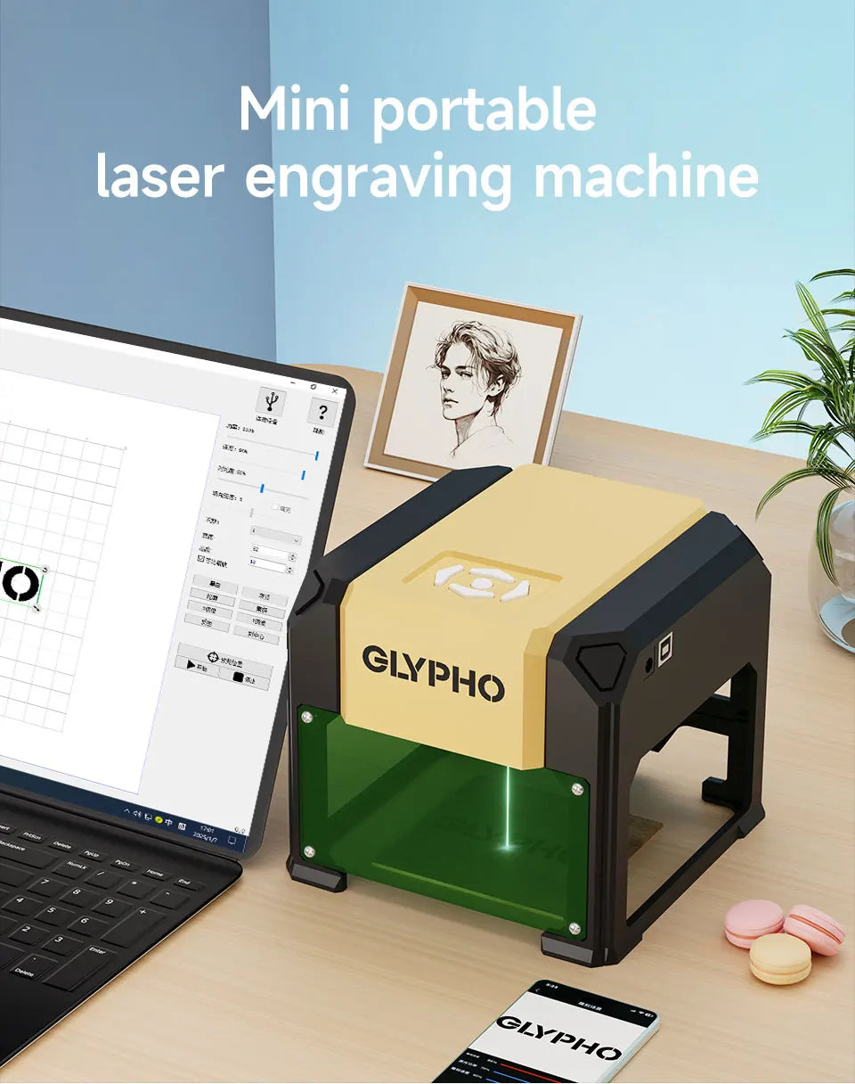 GLYPHO Laser Engraver Machine CNC Highly Accurate Portable 80mm*80MM Engraving Cutting For Dog Tag Paper Leather Wood DIY