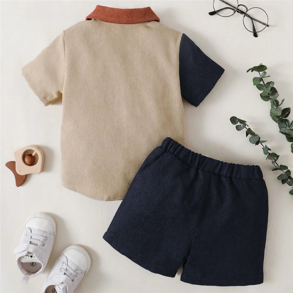 2PCS Clothes Outfit Kids Boy Fashion Color Block Short Sleeve Top+Shorts Summer Gentleman Clothes Set for Children Boy 1-6 Years