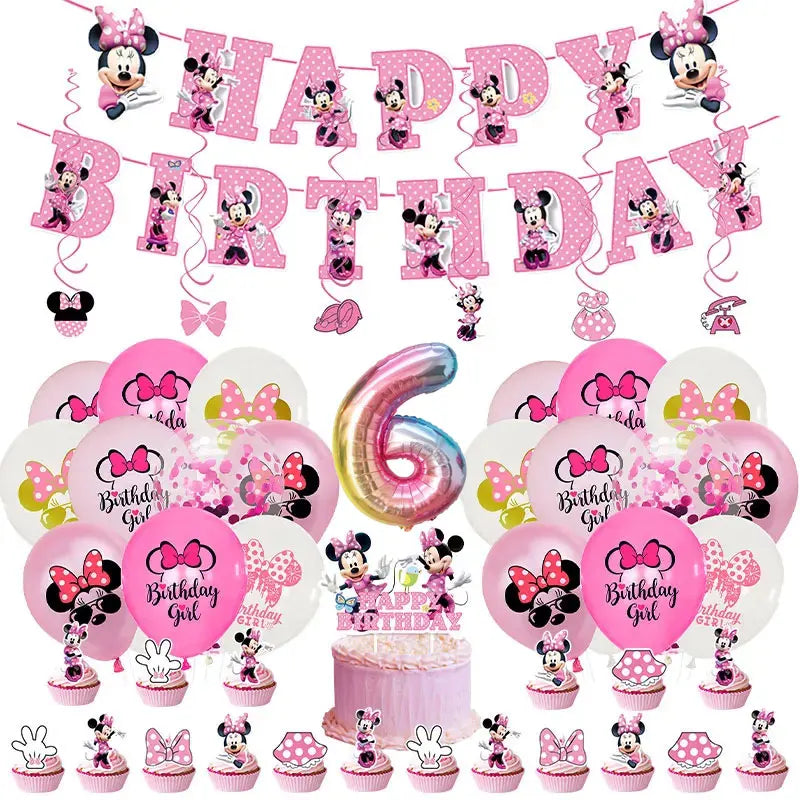 Minnie Mouse Birthday Party Decorations Tableware Set Birthday Decorations Full Set Pink Balloons Banner Candy Box Kids Favors