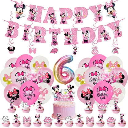 Minnie Mouse Birthday Party Decorations Tableware Set Birthday Decorations Full Set Pink Balloons Banner Candy Box Kids Favors