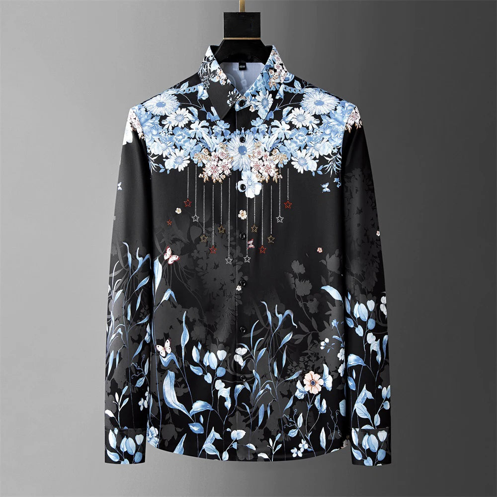 Luxury men's long sleeved shirt printed with fashionable graffiti street plus men's clothing