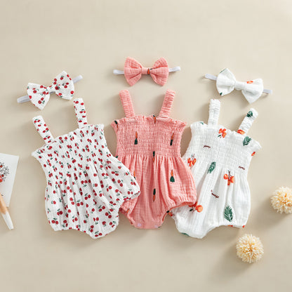 pudcoco Infant Newborn Baby Girl 2Pcs Summer Outfits, Sleeveless Cherry/Carrot/Tree Print Romper with Headband 0-18M