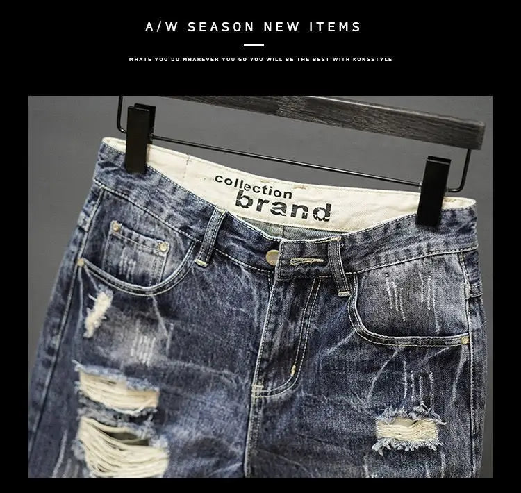 Fashion Vintage Korean Men's Summer Denim Shorts with Distressed Holes Slim Fit Distressed Holes Designer Luxury Clothing Men