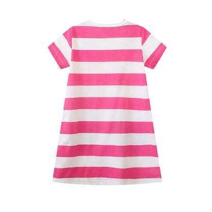 Jumping Meters 2-7T Cherry Embroidery Princess Girls Dresses Clothes Summer Short Sleeve Striped Baby Clothes Birthday Frocks