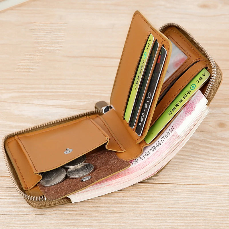 Leather Men’s Wallet Luxury Mens	Purse Male Zipper Card Holders with Coin Pocket Rfid Wallets Gifts for Men Money Bag