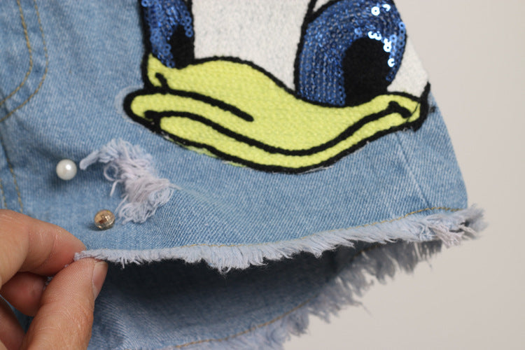 2024 Disney Girls Outfits Cartoon Donald Duck Sets Printed Summer Shirt Broken Hole Denim Shorts Girl Clothing Set girls Clothes