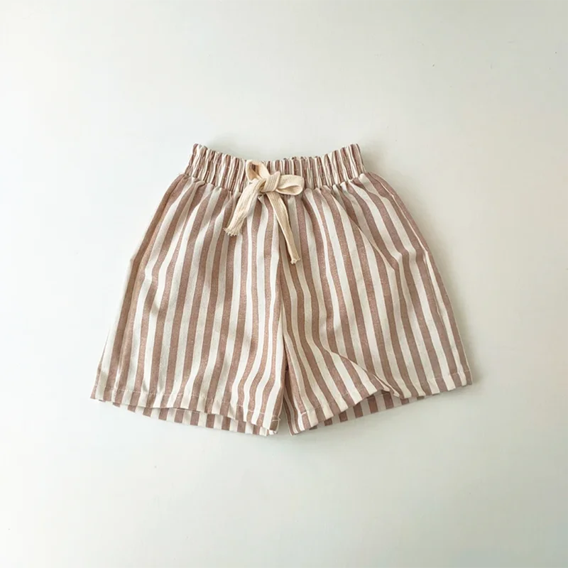 Retro Hemp Cotton Striped Boys' Pants with A Casual and High-end Design Elastic Waist Girls' Clothing Children's Pants