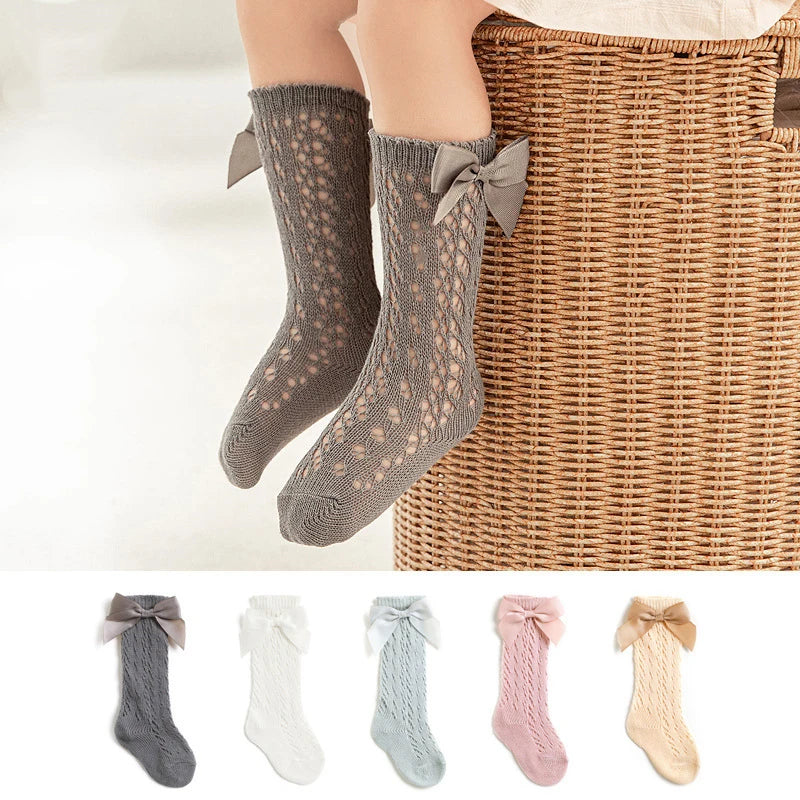 2023 New Kids Knee High Socks Baby Girls Boys Bow Long Sock Soft Cotton Mesh Breathable Children Hollow Out Socken For 0-7 Years