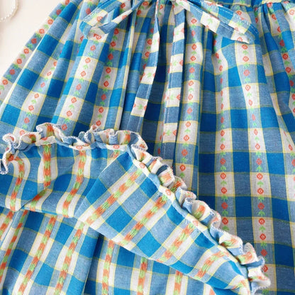 Bear Leader New Girls Flower Print Princess Dresses Wood Ear Edge Plaid Waistband Casual Kids Clothes Fashion Summer Wear