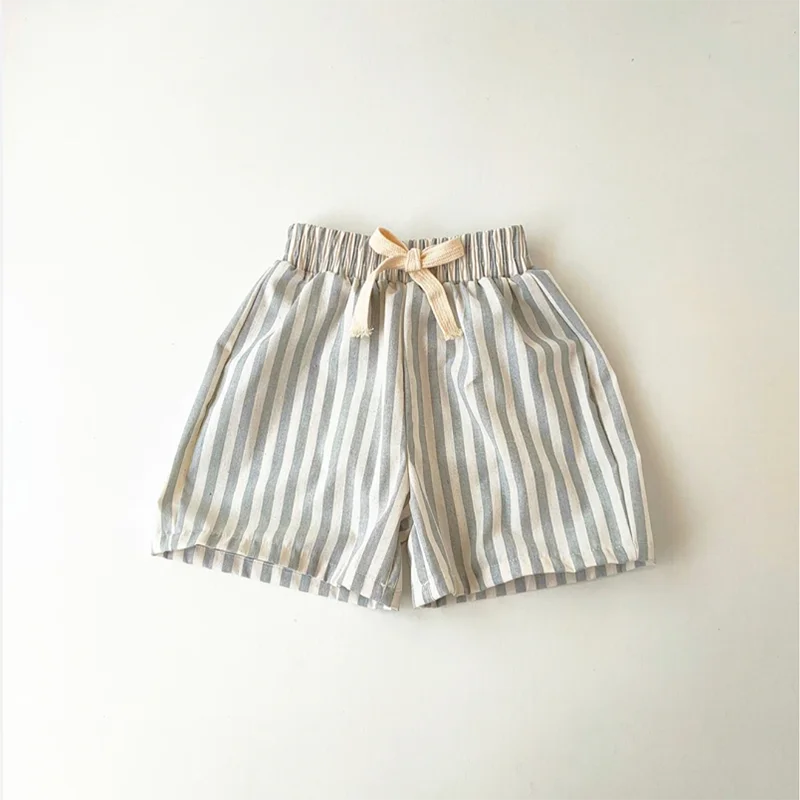 Retro Hemp Cotton Striped Boys' Pants with A Casual and High-end Design Elastic Waist Girls' Clothing Children's Pants