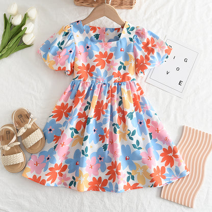 Girls Dresses 2023 Summer New Baby Girls Colourful Floral Short-sleeved Dresses 3-7 Years Old Girls Clothing