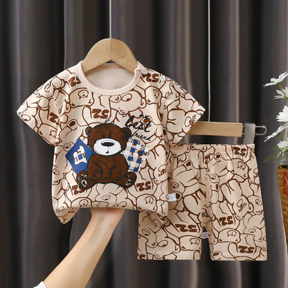 2025 New Kids Boys Girls Summer Pajamas Cute Cartoon Print Short Sleeve T-Shirt Tops with Shorts Toddler Baby Clothing Sets