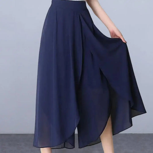 Double-layer Women Skirt Pants See-through Chiffon Split Hem High Waist Yoga Pants Loose Wide Leg Mid-calf Length Cropped Pants