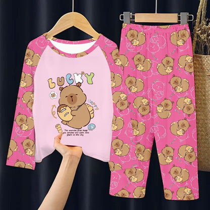 Capibara Pajamas Pants Set Kids Anime Capybara Nightgown Trousers Girls Boys Spring Autumn Home Clothes Children Long Sleeves