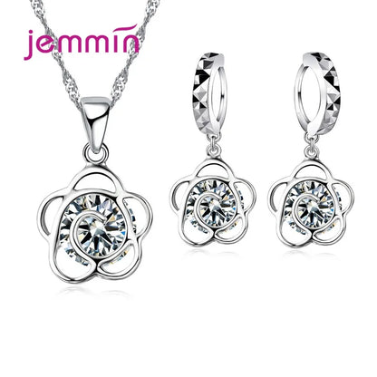 925 Sterling Silver Trendy Crystal Pendant Necklace Earrings Jewelry Set For Women Girls Wedding Engagement Fashion Jewelry