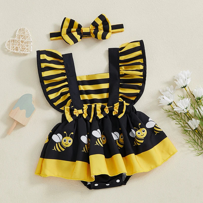 Infant Baby Girl Summer Clothes Ruffle Fly Sleeve Romper Dress Cute Print Playsuits with Headband Summer Outfit