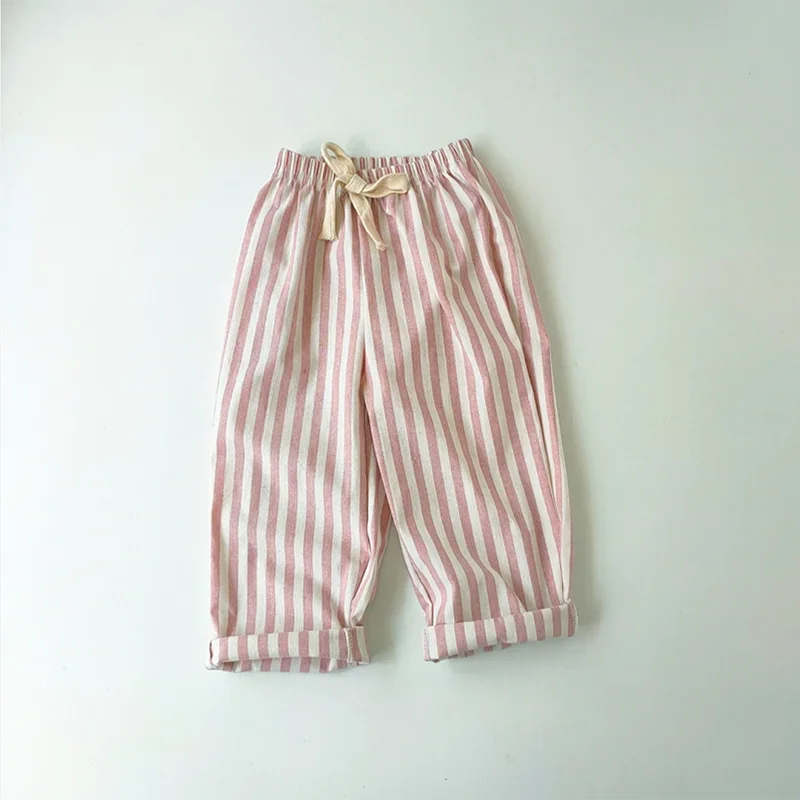 Retro Hemp Cotton Striped Boys' Pants with A Casual and High-end Design Elastic Waist Girls' Clothing Children's Pants