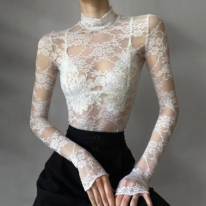 Women's Fashion Lace Sheer Crop Tops Elegant  White Turtleneck Long Sleeve Mock Neck Lace Floral Slim T-shirt Club Partywear