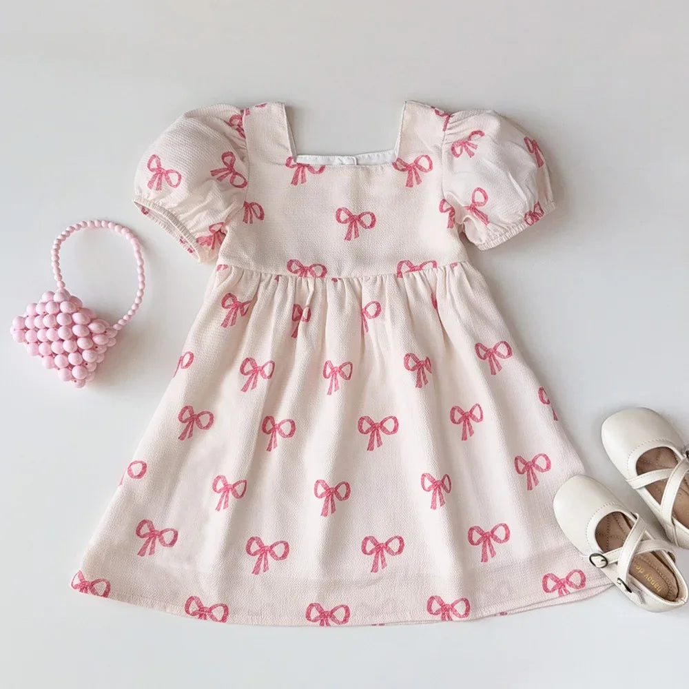 Bear Leader Short Sleeved Girls Clothing Summer New Bow Print Casual Dresses Sweet and Cute Kids Clothes for 3-7 Years Wear