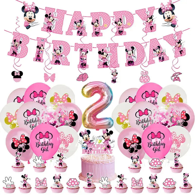 Minnie Mouse Birthday Party Decorations Tableware Set Birthday Decorations Full Set Pink Balloons Banner Candy Box Kids Favors