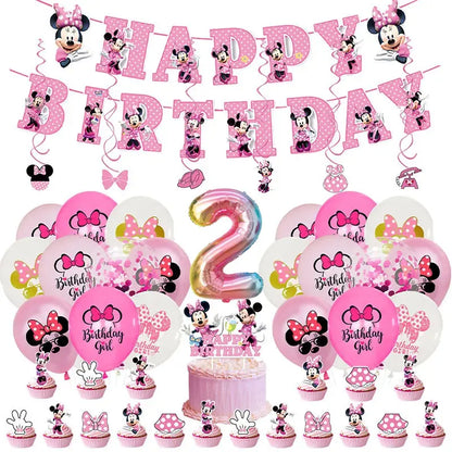 Minnie Mouse Birthday Party Decorations Tableware Set Birthday Decorations Full Set Pink Balloons Banner Candy Box Kids Favors