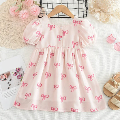 Bear Leader Short Sleeved Girls Clothing Summer New Bow Print Casual Dresses Sweet and Cute Kids Clothes for 3-7 Years Wear