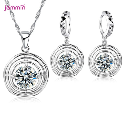 925 Sterling Silver Trendy Crystal Pendant Necklace Earrings Jewelry Set For Women Girls Wedding Engagement Fashion Jewelry