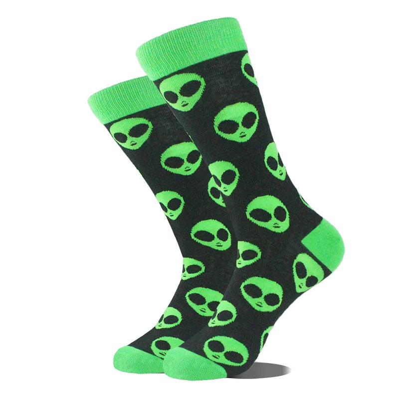 Cotton Happy Funny Socks Men Alien Planet Shark Crazy Design Sokken Unisex Novelty Dinosaur Crew Skateboard Calcetines Hombre