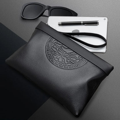 Fashion Men's Handheld Bag Business Large Capacity Retro Soft Face Leather Clip Casual Fashion Handheld Bag Zipper Bag Wallet