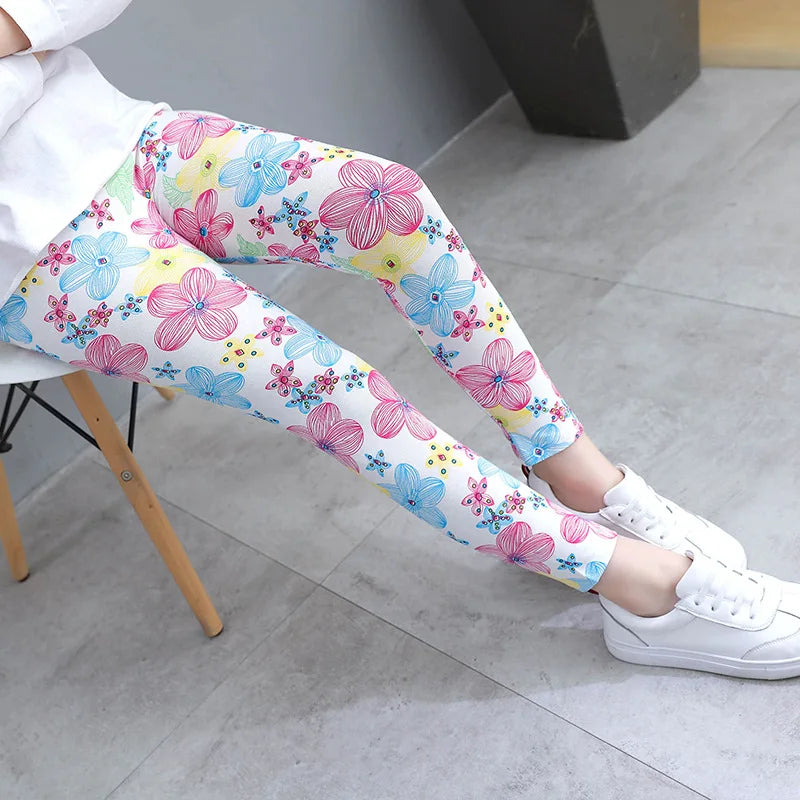 2 to 9 Years Girls Leggings Kids Outdoor Travel Clothes Pencil Pants Long Casual Floral Slim Leggings Teenage Children Trousers