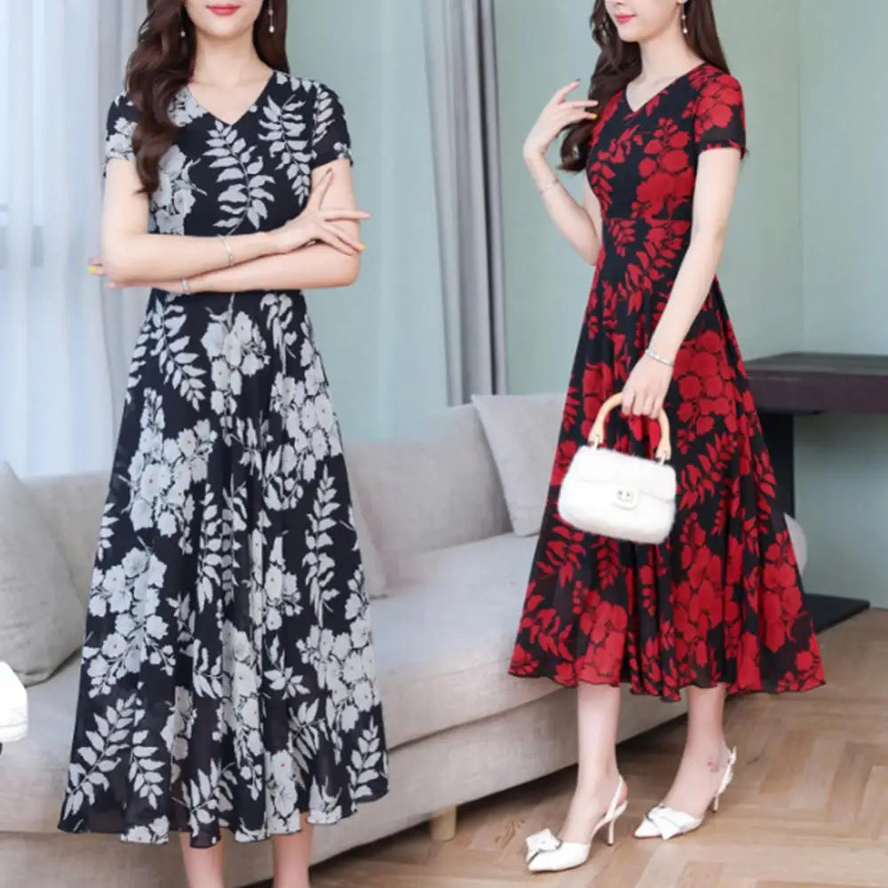 Summer Women Short Sleeve Fashion Elegant Tight Dress Lady Floral Print Women's Waist Large Swing V-Neck Maxi Women's Clothing