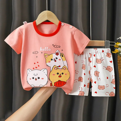 2025 New Kids Boys Girls Summer Pajamas Cute Cartoon Print Short Sleeve T-Shirt Tops with Shorts Toddler Baby Clothing Sets