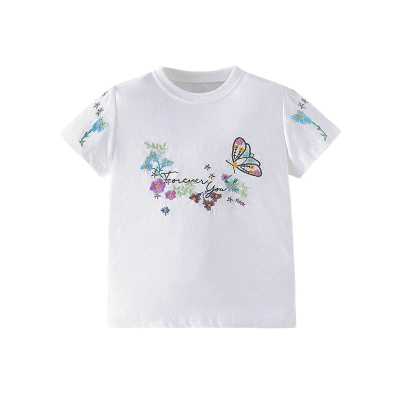 Jumping Meters 3-8T Flowers Kids Tees Hot Selling Cotton Summer Girls Tshirts Baby Clothes Children's Tees Tops