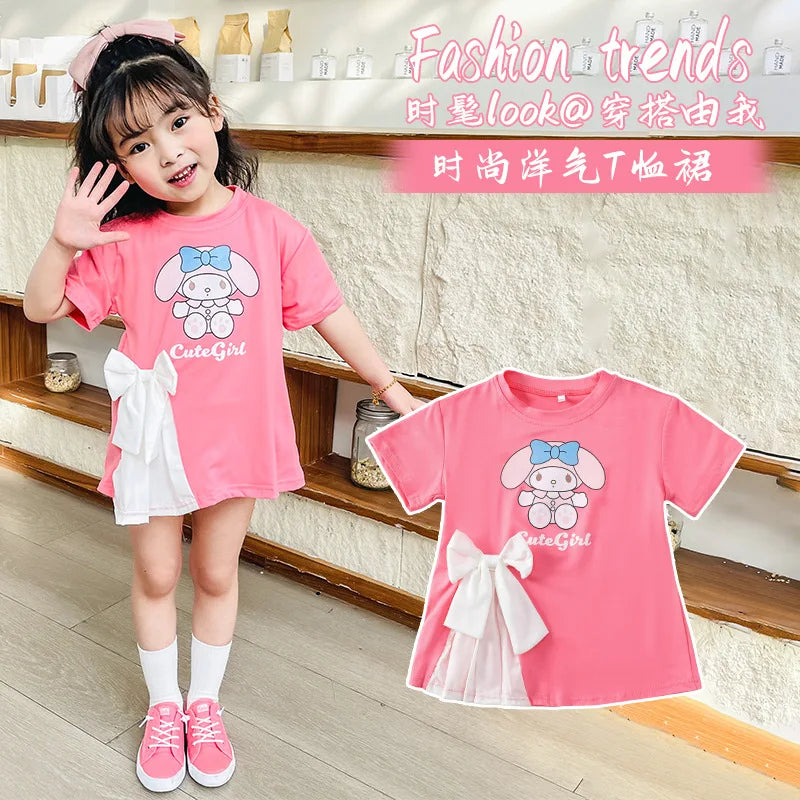 Toddler Girls Short Sleeve T-shirt Cute Sanrio Hello Kitty Kuromi Melody Casual Princess Dress For Party Kids Summer Clothes