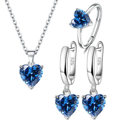 925 Sterling Silver Jewelry Sets For Women Heart Zircon Ring Earrings Necklace Wedding Bridal Elegant Christmas