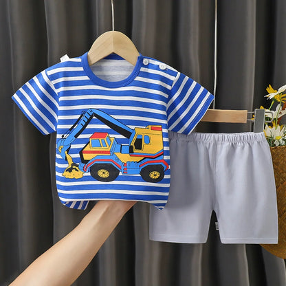 2025 New Kids Boys Girls Summer Pajamas Cute Cartoon Print Short Sleeve T-Shirt Tops with Shorts Toddler Baby Clothing Sets