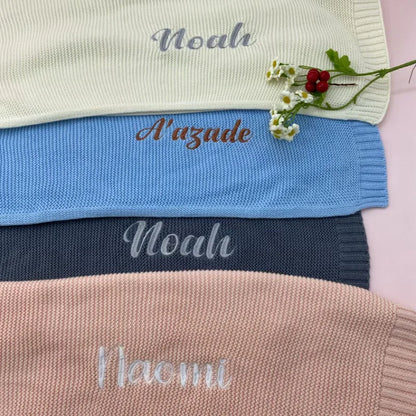 Personalized Knitted Blanket Embroidered Baby Name Stroller Cover Kids Cotton Nap Blanket for Newborn Shower Gifts