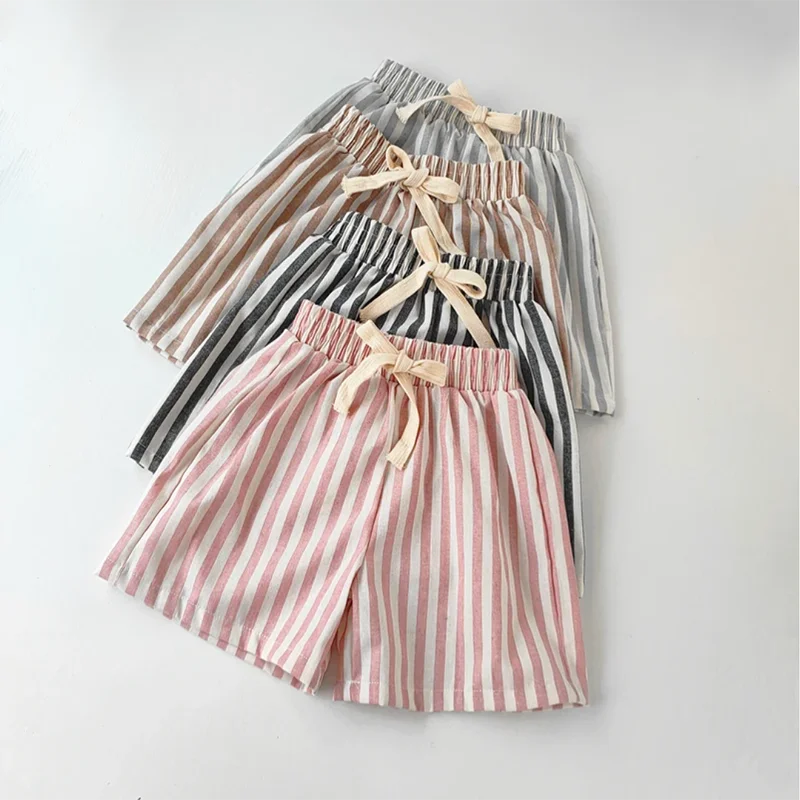 Retro Hemp Cotton Striped Boys' Pants with A Casual and High-end Design Elastic Waist Girls' Clothing Children's Pants