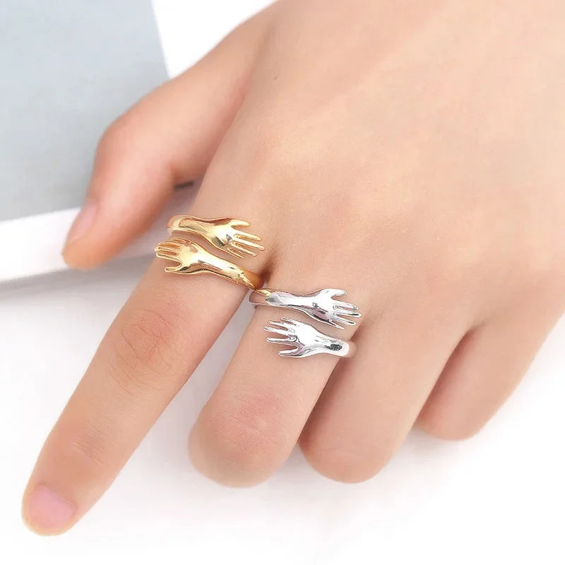 Gold Silver Color Hug Hands Ring Simple Design Finger Ring For Women Girls Elegant Silver Jewelry