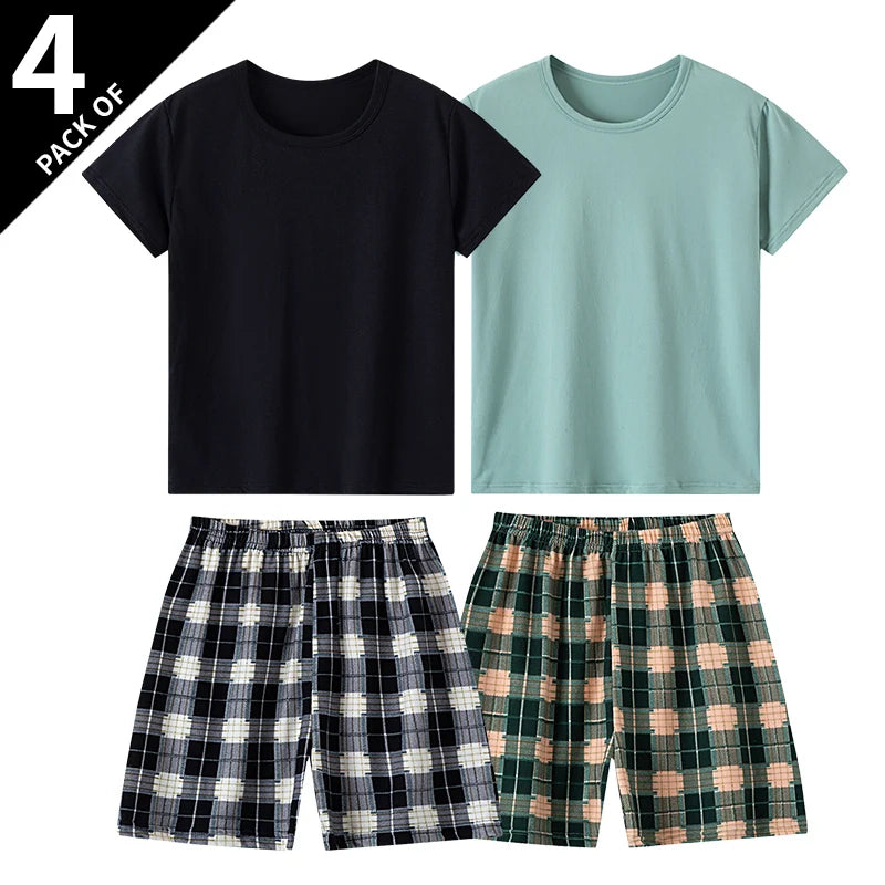 2/3/4 Piece Fashion Children's Mix And Match Boys' Solid Color Casual T-shirt Girls' Wild Plaid Pants Comfortable Home Clothes